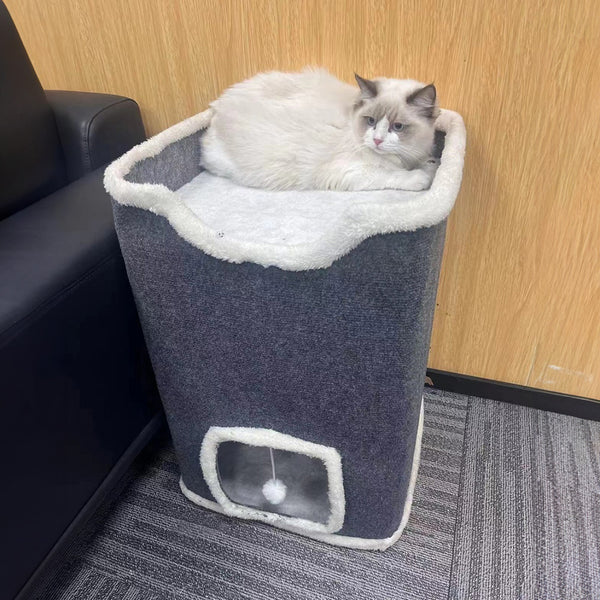 Large Cat Bed Cat House Cave & Tower Foldable Indoor 1/2/3 Layer with Hanging Toy Ball for Small Medium Pets, Large Cats Cube Bed Cave with Hideaway Condos
