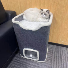 Large Cat Bed Cat House Cave & Tower Foldable Indoor 1/2/3 Layer with Hanging Toy Ball for Small Medium Pets, Large Cats Cube Bed Cave with Hideaway Condos