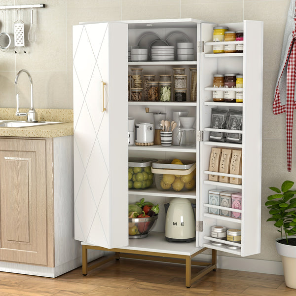129.54cm Kitchen Cupboard Pantry with Doors And Adjustable Shelves, White Storage Cupboard, Freestanding Storage Cabinet for Kitchen, Living Room And Dining Room Kitchen Organizers And Storage