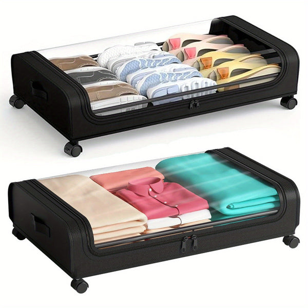 2 sets Underbed Storage Box, Underbed Storage Box with Wheels Lid, 96L Metal Frame, Bed Box, Organiser, Storage Bag, Foldable Underbed Box for Clothes, Shoes, Blankets, Bedding, Black, Under-Bed Storage