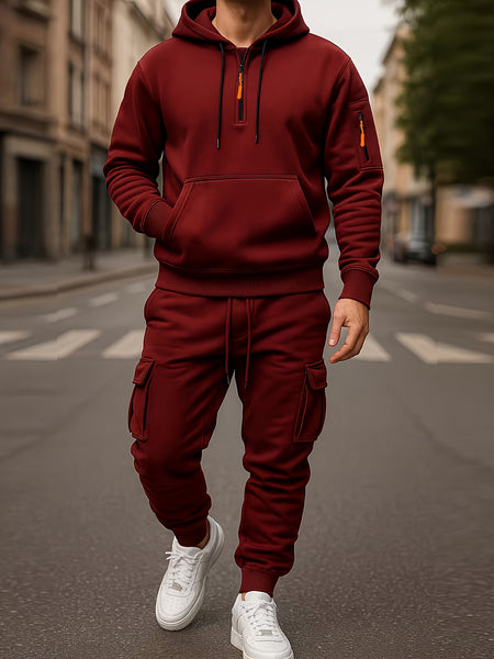 Fashion Street Style Set, Casual Versatile Jacquard Hooded Sweatshirt And Long Pants 2pcs Outfit, Men'S Clothing