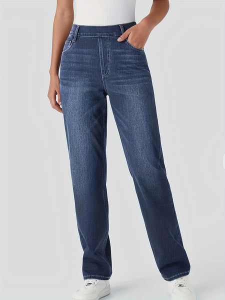 [Stretch High Waist Jeans] Stretch High Waist Multi-Pocket Straight Leg Jeans | Water-Washed Casual Pants, Machine Washable Solid Color Elegant Comfort for Spring/Summer