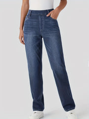 [Stretch High Waist Jeans] Stretch High Waist Multi-Pocket Straight Leg Jeans | Water-Washed Casual Pants, Machine Washable Solid Color Elegant Comfort for Spring/Summer