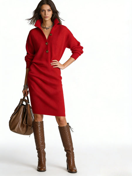 Solid Color Button- Collar Loose-Fit Dress - Straight Tube Mid-Length Dress Suitable for Office, Semi-Formal & Casual Attire - Machine Washable Dress