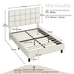 Costoffs Upholstered Bed Frame, Fabric Bed Frame with Fabric Headboard, Modern Platform Bed Frame with Strong Wooden Slats, Support and Square Tufted Headboard Height Adjustable, Double/King, Dark Gray/Light Gray/Beige