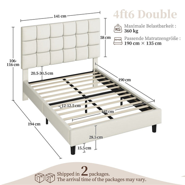 Costoffs Upholstered Bed Frame, Fabric Bed Frame with Fabric Headboard, Modern Platform Bed Frame with Strong Wooden Slats, Support and Square Tufted Headboard Height Adjustable, Double/King, Dark Gray/Light Gray/Beige