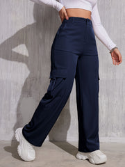 Flap Pocket Solid Color Cargo Pants, Y2K Slant Pocket Button Front Every Day Pants, Women's Clothing