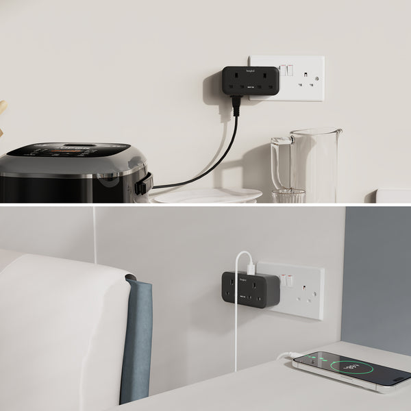 baykul Multifunctional UK Plug Socket with 2 Standard UK Sockets, 2 Schuko Sockets, 3 USB Ports, Max 3250W, Surge Protection, Fire-Resistant Material, Compact and Lightweight for Home/Office/Travel Use ideal for Christmas travel