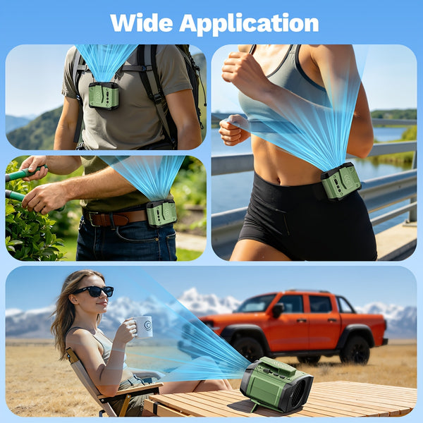 7W Brushless Turbo Dual Motor Waist Fan, 100-Speed Levels, 6000mAh Rechargeable with Phone Charging, LED Display, Flashlight, Desktop Stand & Lanyard, Multiple Wearing Modes for Outdoor Camping Hiking Fishing