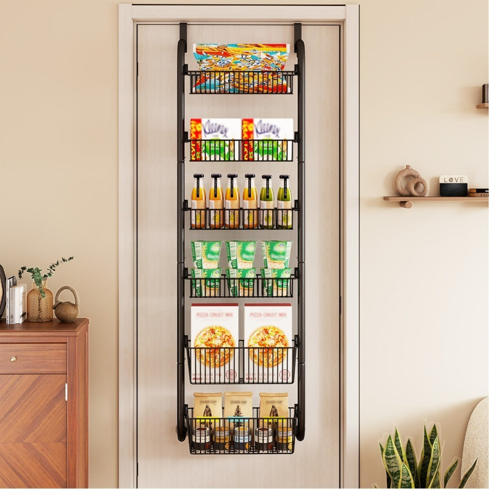 6-Tier Over Door Storage Rack - Heavy Duty Metal Hanging Organizer with Adjustable Shelves 40x150cm for Kitchen Pantry Bathroom - Black