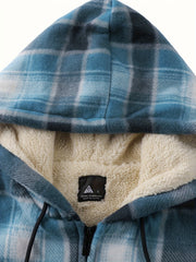 Men's Heavyweight -Lined Hooded Jacket - Full-Zip Plaid Thickened Shirt with Pockets and Adjustable Drawstring, Comfortable and Warm for Autumn and Winter