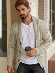 Men'S Solid Cable Knit Cardigan Fall Winter Button-Up Knit Coat