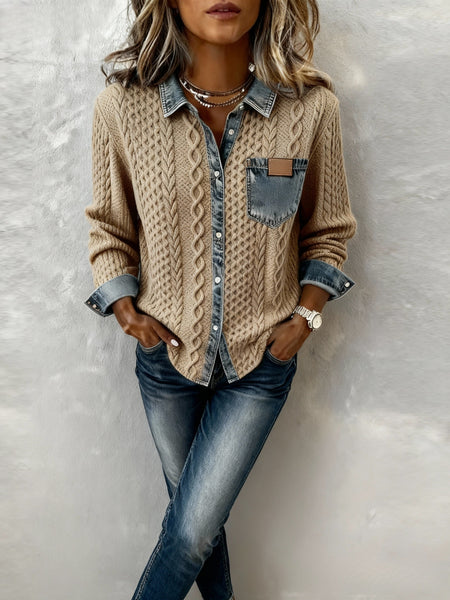 Women's Patchwork Denim Shirt Autumn/Winter Fashion Long-Sleeved Cardigan Versatile 2pcs Style Denim Collar Top Casual Vintage Aesthetic Ideal for Autumn/Winter Commuting, Office Wear, Casual Outings, and Layering