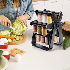 Rotating Spice Rack Organizer with 18 Glass Spice Jars, Revolving Spice Rack Set, 360 Degree Rotating Ferris Wheels Spice Rack, Removable Spice Rack