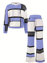 Casual Color Block 2pcs Set, Long Sleeve Hooded Top And Drawstring Pants, Women'S Clothing
