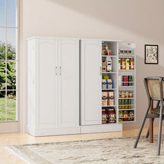 Modern White Wooden Kitchen Pantry Cabinet with Doors & Adjustable Shelves – Spacious Storage Organizer for Dishes, Utensils, and Food in the Kitchen, Living Room, or Dining Area, Kitchen Organizers And Storage
