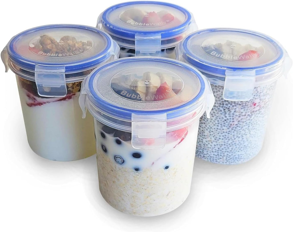 Bubblewally Overnight Oats Container with Lids (4-Piece Set) - 16 Oz Plastic Containers - Oatmeal Container to Go | Portable Cereal and Milk Container| Snap Lock Storage Jars with Airtight Lids