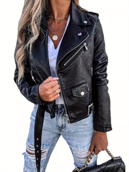2025 New Cool Biker Style Women's Short Zip Faux PU Leather Jacket - Spring Autumn Sizes S-XL