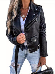 2025 New Cool Biker Style Women's Short Zip Faux PU Leather Jacket - Spring Autumn Sizes S-XL