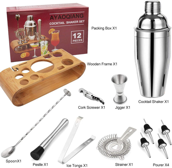 Cocktail Shaker Set,750 ML Stainless Steel Cocktail Mixing Set with Stand,Bartending Kit for Home,Bar,12 Pieces Bar Tool Kit for Christmas,Birthday,Anniversary,Weeding
