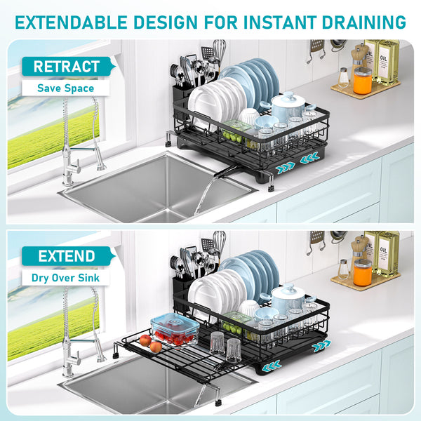 1pc Expandable Kitchen Sink Dish Drainer Rack With Drip Tray Cutlery Holder Plate Rack