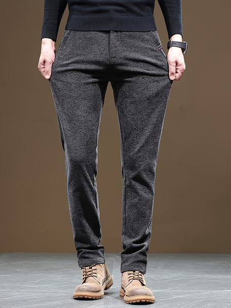 Autumn/Winter Men's Warm Casual Pants, Business Casual Slim-Fit Chenille Trousers, Solid Color