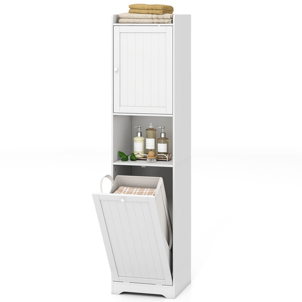 GYMAX 170 CM Bathroom Cabinet, Tall & Slim Linen Tower with Storage, Adjustable Shelf, Laundry Bag with Long & Short Handles, Open Shelf, Freestanding Laundry Cabinet, White