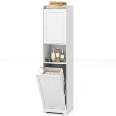 GYMAX 170 CM Bathroom Cabinet, Tall & Slim Linen Tower with Storage, Adjustable Shelf, Laundry Bag with Long & Short Handles, Open Shelf, Freestanding Laundry Cabinet, White