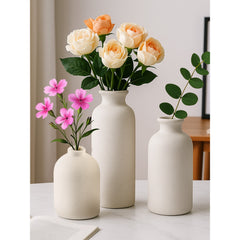 Set of 3 Small Ceramic Vases for Home Decor Table Centrepieces Rustic Farmhouse Style, Mini Decorative Vases (White)