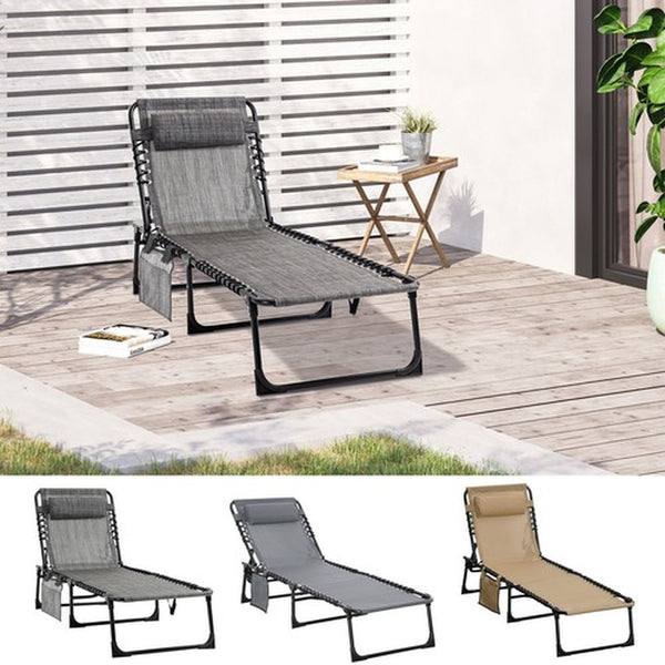 Portable Sun Lounger, Folding Camping Bed with Side Pocket and Pillow for Patio