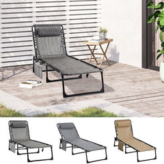 Portable Sun Lounger, Folding Camping Bed with Side Pocket and Pillow for Patio