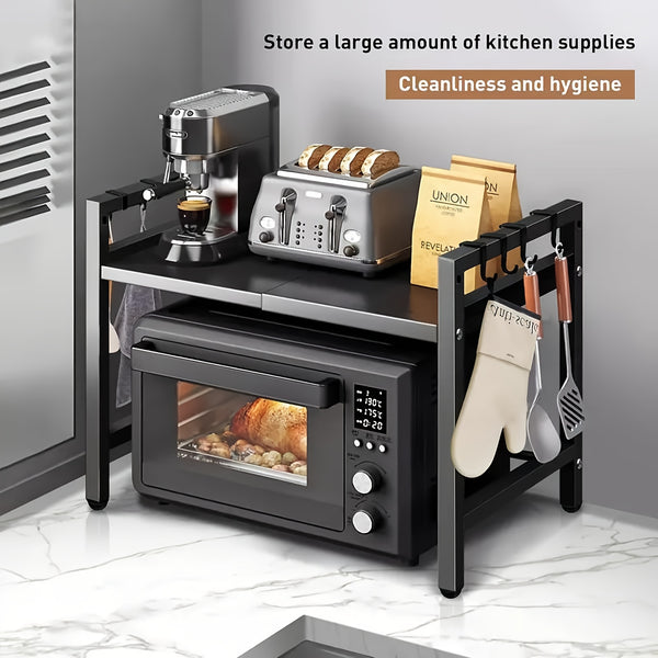 3-Tier Expandable Microwave Oven Rack with 6 Hooks And 3 Towel Racks, Includes a Chopstick Holder, Cutting Board Holder, Spice Rack, And Kitchen Storage Rack. Suitable for Kitchens, Offices, And Storage Rooms. Extends 40-64 Cm (Black, White)