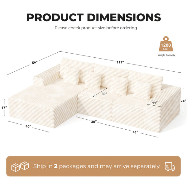 Modular Sectional Cloud Couches with L-Shaped Chaise | Corduroy Fabric Upholstered Deep Boneless Sofa for Living Room, Bedroom | Light, Memory Foam, Velvet Upholstery, Cushion-Back, No Assembly Required, Nalupatio Brand