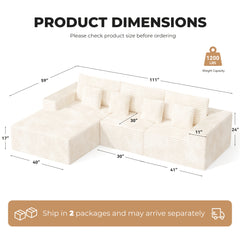 Modular Sectional Cloud Couches with L-Shaped Chaise | Corduroy Fabric Upholstered Deep Boneless Sofa for Living Room, Bedroom | Light, Memory Foam, Velvet Upholstery, Cushion-Back, No Assembly Required, Nalupatio Brand
