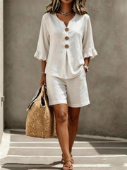 2pcs New Arrival Women's Casual Set, Short Sleeves T Shirt with Ruffle Design and Short, Button Design Top and Loose Trousers, Loose Fit, Suit for Spring/Summer, Perfect for Daily Wear, Summer Outfits for Women, Womens Summer Clothing