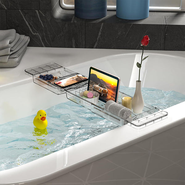 Bathroom Countertop Storage Rack, Practical Shelf, Expandable Bathtub Tray Adjustable Length Clear Bathtub Bridge Rack, Plastic Bath Shelf, Bathroom Accessories Storage, 56.5~80*18*4.5CM