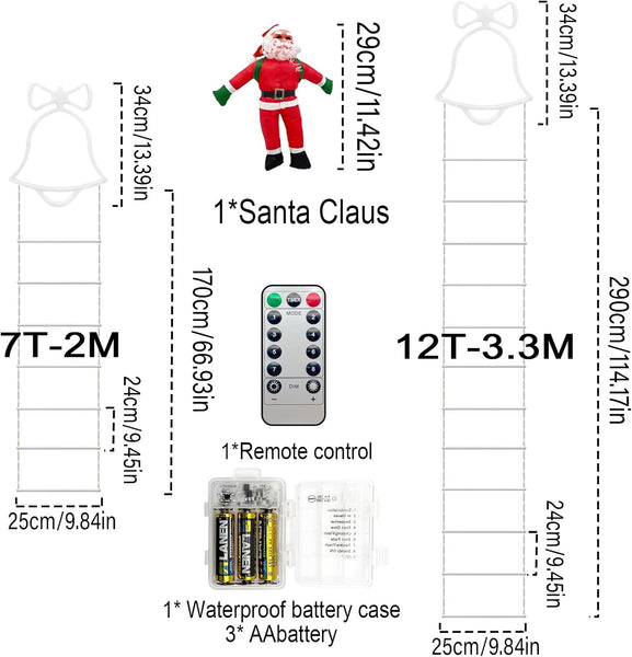 Warmwhite Light 3.3M/130IN 218 Leds Rope Ladders with Climbing Santa Christmas Decorations Lights Battery Powered for Indoor Outdoor Xmas Tree Balcony Window Decor