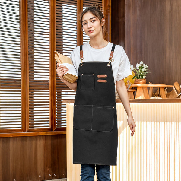 1pc Unisex Canvas-Polyester Blend Apron Durable Sturdy Construction, Adjustable Back Strap, Multiple Pockets for Enhanced Functionality | Khaki & Black Culinary Attire | Ideal for Kitchen Cooking/Baking/Grilling, Artist Painting, Coffee Bar, Servers; Perf
