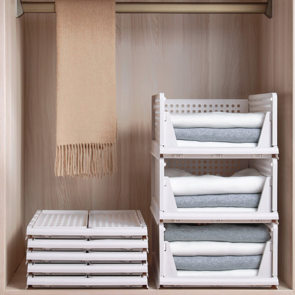 4 Pack Stackable Folding Clothing Storage Basket Drawers Wardrobe Closet Organizer Plastic Clothes Partition Shelf Stackable Hamper Bathroom, Bedroom, Office