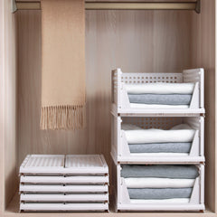 4 Pack Stackable Folding Clothing Storage Basket Drawers Wardrobe Closet Organizer Plastic Clothes Partition Shelf Stackable Hamper Bathroom, Bedroom, Office