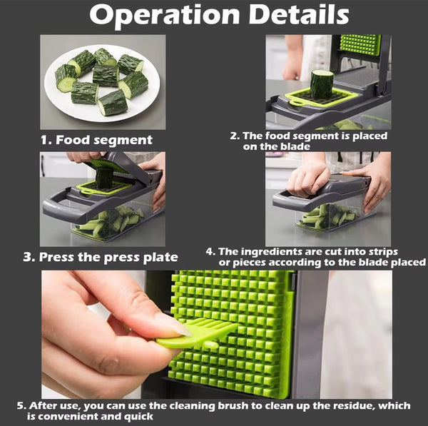 Multi-Purpose 14-in-1 Vegetable Chopper, Slicer, Dicer, and Grater, Kitchen Food Cutter for Onion, Tomato, Cucumber, Carrot, and More, Easy to Use and Clean, Gray