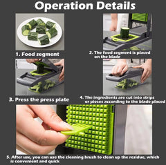 Multi-Purpose 14-in-1 Vegetable Chopper, Slicer, Dicer, and Grater, Kitchen Food Cutter for Onion, Tomato, Cucumber, Carrot, and More, Easy to Use and Clean, Gray
