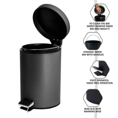 3L Pedal Bin Round Matt Black - Stainless Steel Pedal Bin with Lid - Household Rubbish Bin for Bathroom, Kitchen & Office - Rustproof Dustbin with Removable Plastic Container - Garbage