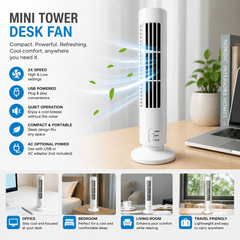 Mini USB Tower Desk Fan Portable Quiet Cooling Air Fan 2 Speed Desktop Cooler for Office, Room, Home Bedroom Travel UK, Summer Fan
