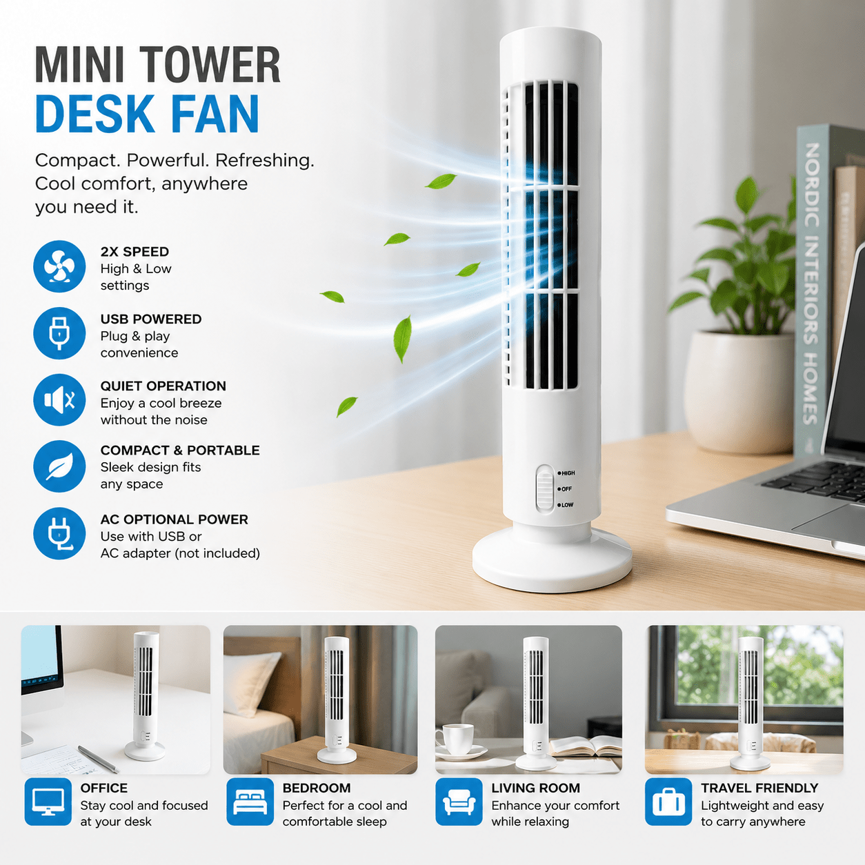 Mini USB Tower Desk Fan Portable Quiet Cooling Air Fan 2 Speed Desktop Cooler for Office, Room, Home Bedroom Travel UK, Summer Fan