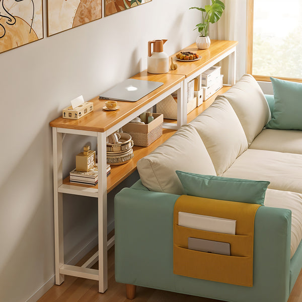 Minimalist Wooden Console Table - Slim Wall-Mounted Single/Double Tier Entryway Shelf with Carbon Steel Frame, Space-Saving Narrow Hallway Table, Bedroom/Living Room Table (80x20cm, MDF Wood + Black/White Metal)