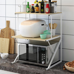 2-Tier Microwave Oven Shelf Stand, Kitchen Countertop Storage Rack Spices Rack Freestanding, Home Office Printer Stand Multifunctional Unit Shelving Wood Top Metal Frame