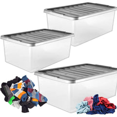 3 x Underbed Storage Containers 32 Litre Large Big Plastic Clear Boxes With Silver Lids Strong