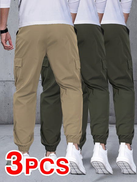 Men's Three-pc Cargo Pants, Solid Color Multi-Pocket Casual Outdoor Sports Trousers, Suitable for Spring, Summer, and Autumn