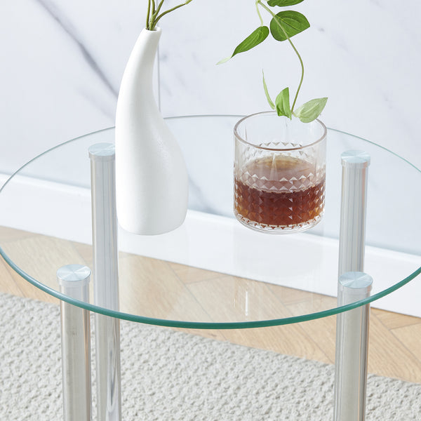 Round Side Table, Glass Sofa Side Table for Living Room, 2-Tier Small Coffee Table with Glass Top and Chrome Legs
